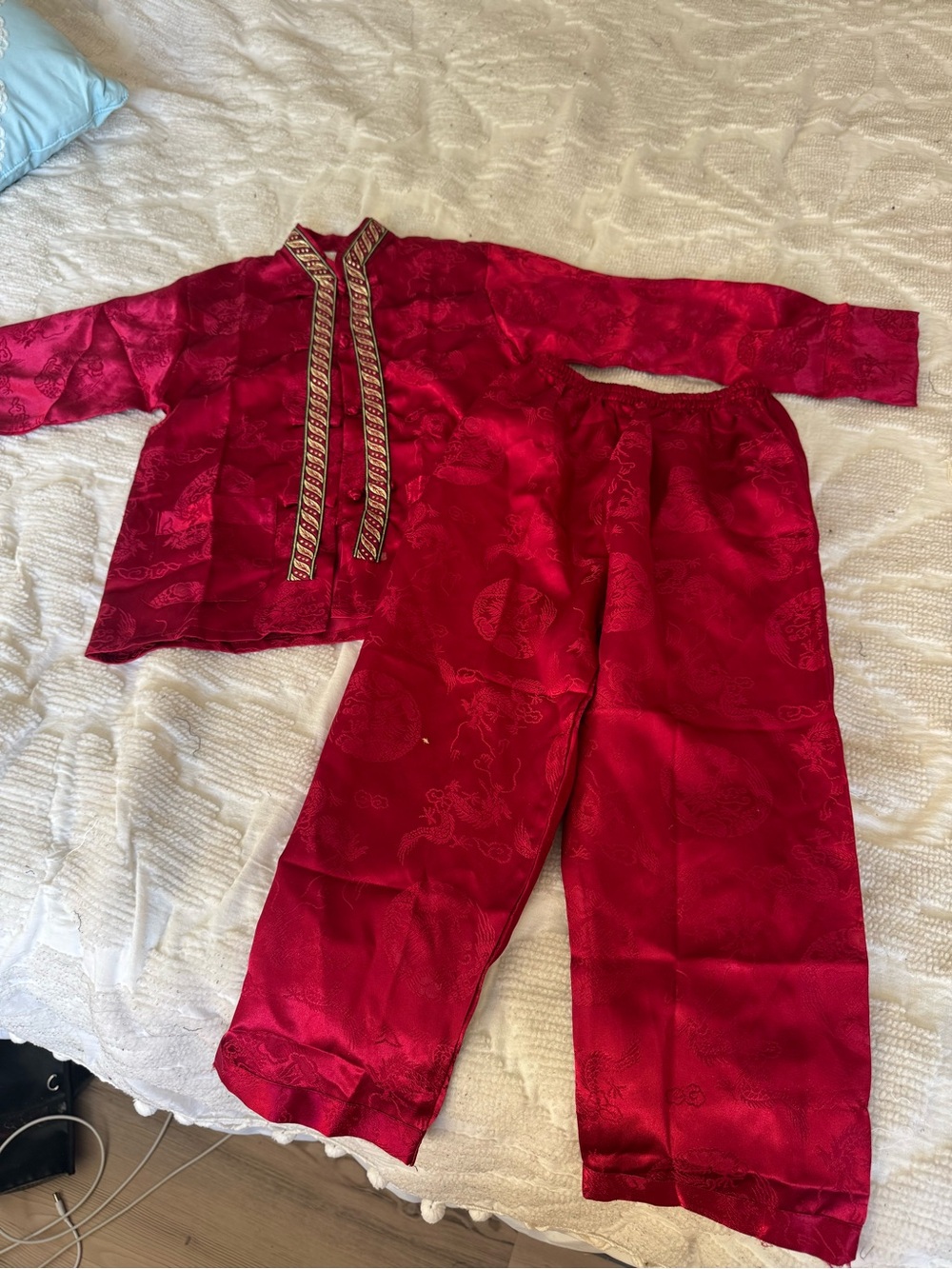 Red Satin Two-Piece Set with Decorative Trim
